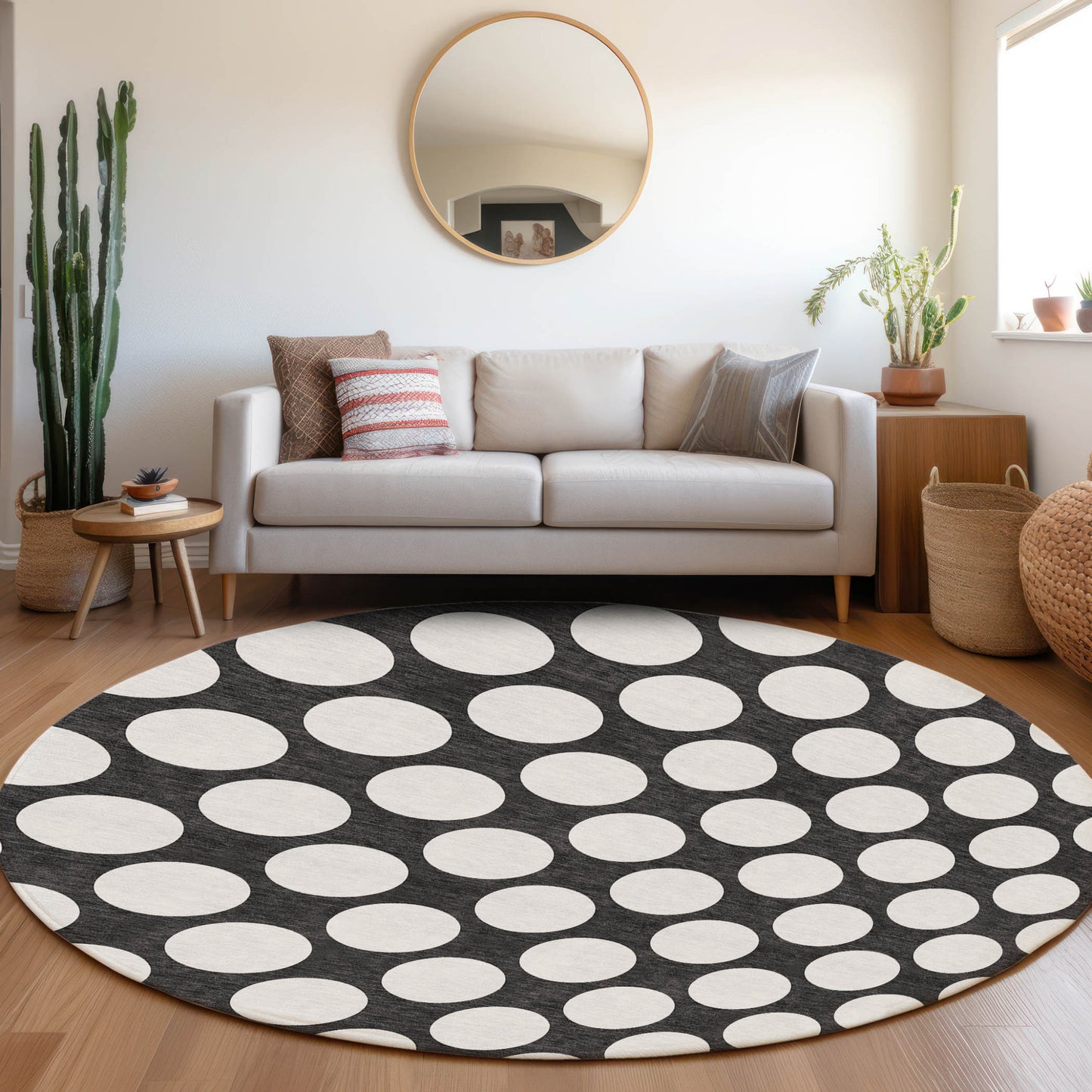 Tabselect Home Line 8' Black And Ivory Round Polka Dot Washable Indoor Outdoor Area Rug