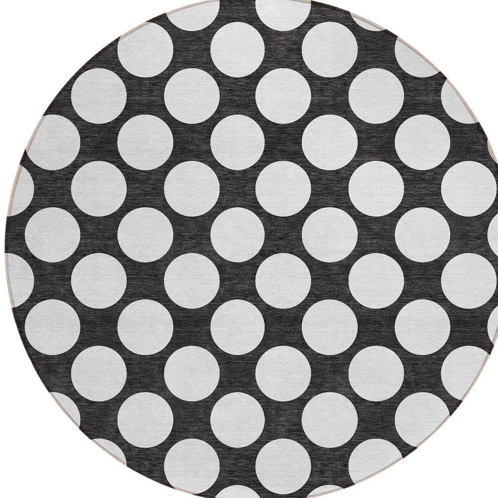 Tabselect Home Line 8' Black And Ivory Round Polka Dot Washable Indoor Outdoor Area Rug