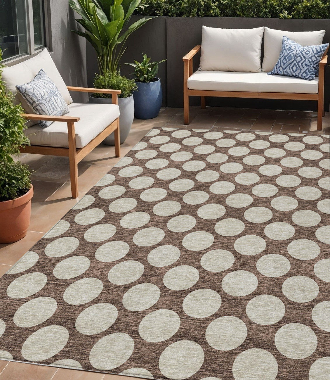 Tabselect Home Line 5' X 8' Brown And Beige Polka Dot Washable Indoor Outdoor Area Rug