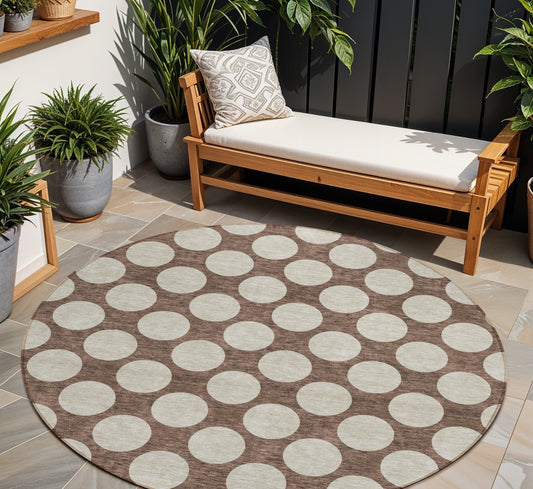 Tabselect Home Line 8' Brown And Beige Round Polka Dot Washable Indoor Outdoor Area Rug