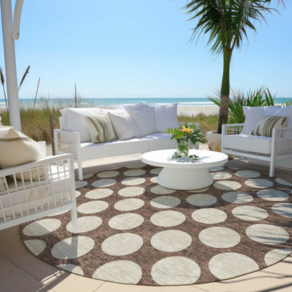 Tabselect Home Line 8' Brown And Beige Round Polka Dot Washable Indoor Outdoor Area Rug