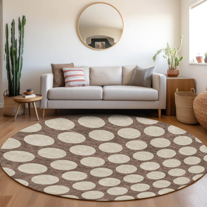 Tabselect Home Line 8' Brown And Beige Round Polka Dot Washable Indoor Outdoor Area Rug