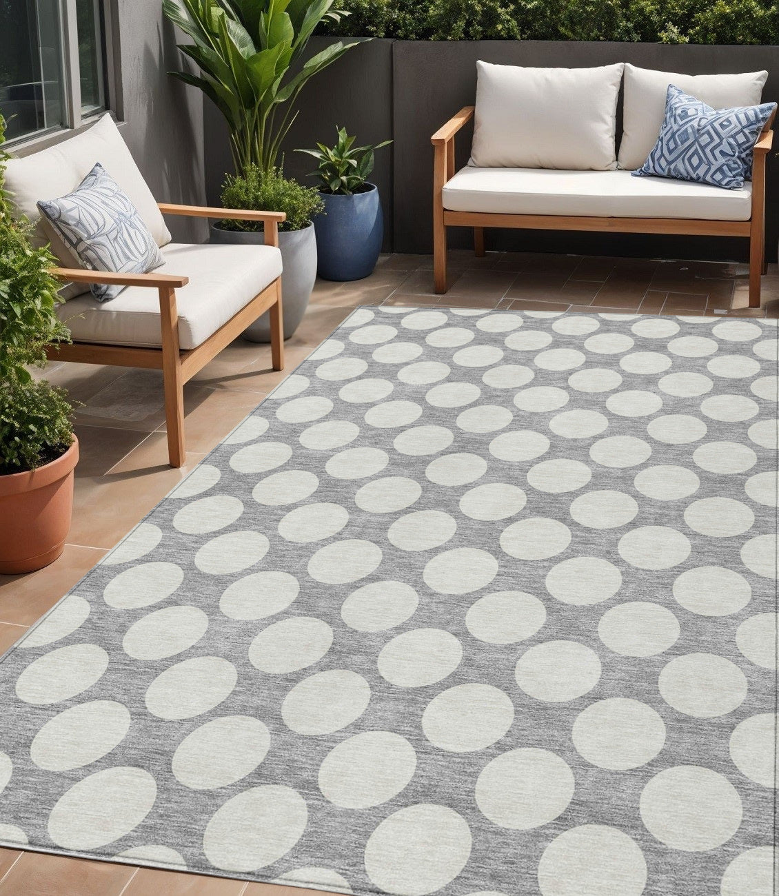 Tabselect Home Line 5' X 8' Gray And Silver Polka Dot Washable Indoor Outdoor Area Rug