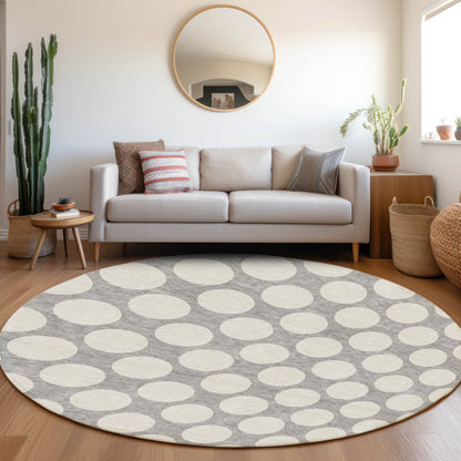 Tabselect Home Line 8' Gray And Silver Round Polka Dot Washable Indoor Outdoor Area Rug