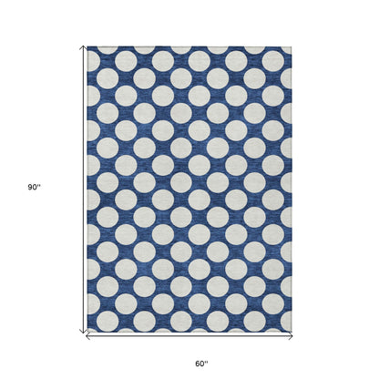 Tabselect Home Line 5' X 8' Navy Blue And Ivory Polka Dot Washable Indoor Outdoor Area Rug