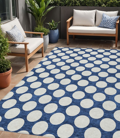 Tabselect Home Line 5' X 8' Navy Blue And Ivory Polka Dot Washable Indoor Outdoor Area Rug