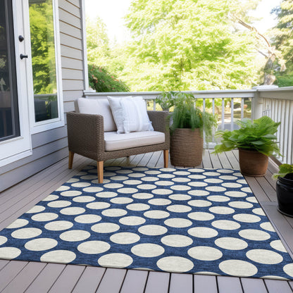 Tabselect Home Line 5' X 8' Navy Blue And Ivory Polka Dot Washable Indoor Outdoor Area Rug
