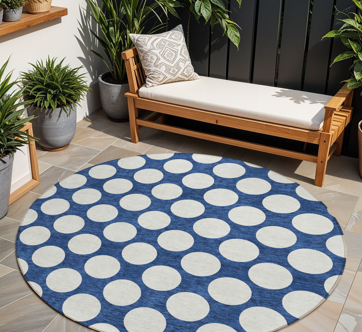 Tabselect Home Line 8' Navy Blue And Ivory Round Polka Dot Washable Indoor Outdoor Area Rug