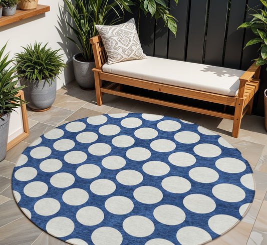 Tabselect Home Line 8' Navy Blue And Ivory Round Polka Dot Washable Indoor Outdoor Area Rug