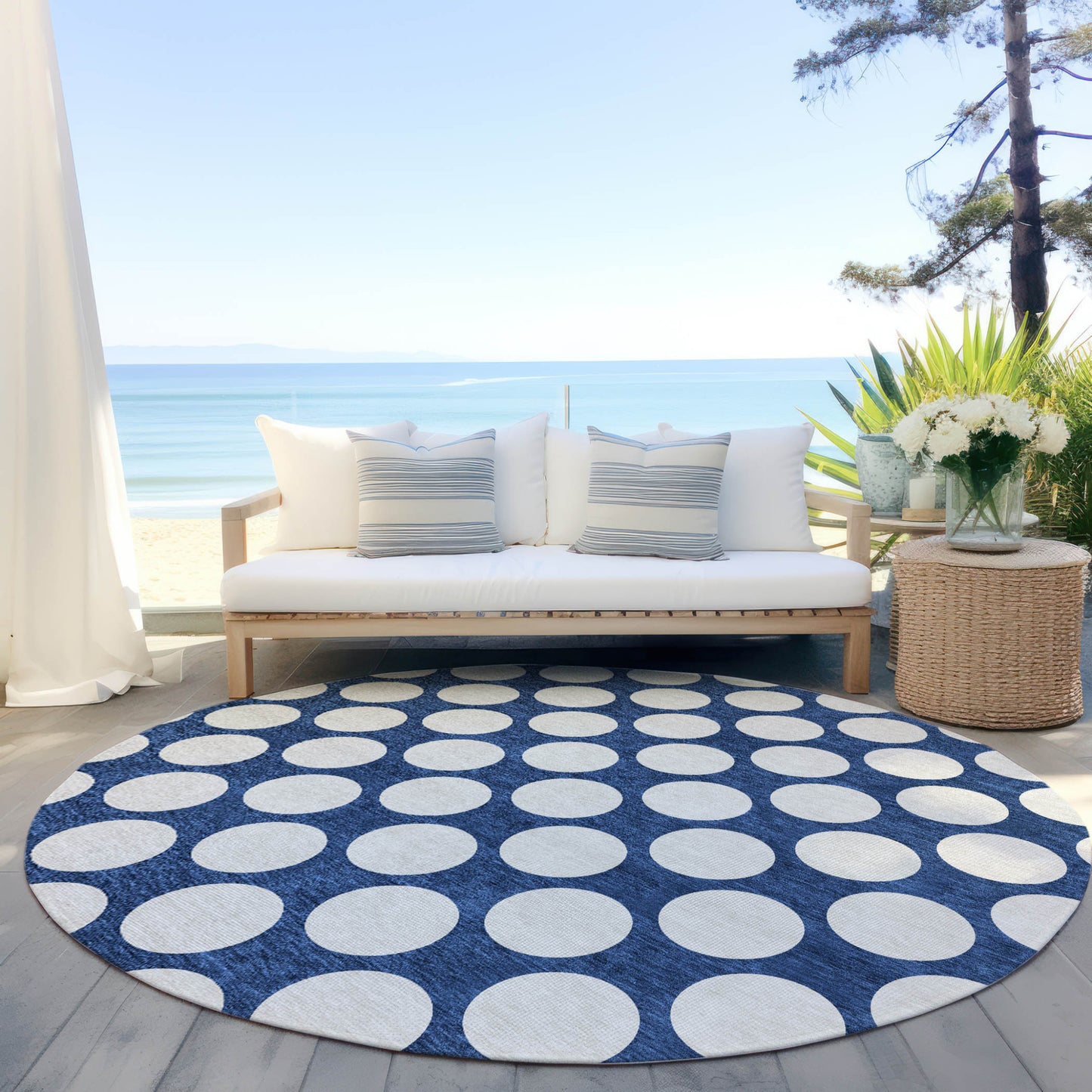 Tabselect Home Line 8' Navy Blue And Ivory Round Polka Dot Washable Indoor Outdoor Area Rug