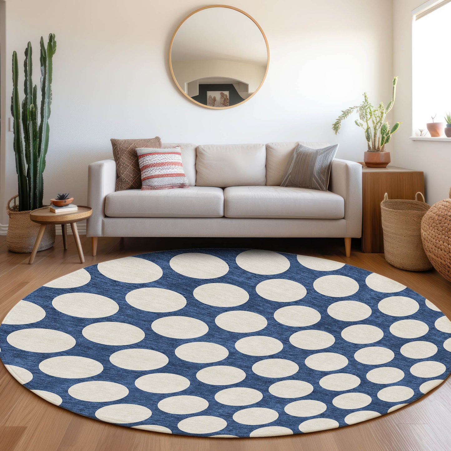 Tabselect Home Line 8' Navy Blue And Ivory Round Polka Dot Washable Indoor Outdoor Area Rug