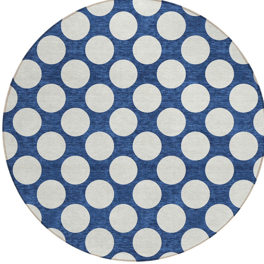 Tabselect Home Line 8' Navy Blue And Ivory Round Polka Dot Washable Indoor Outdoor Area Rug