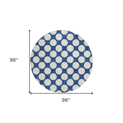 Tabselect Home Line 8' Navy Blue And Ivory Round Polka Dot Washable Indoor Outdoor Area Rug