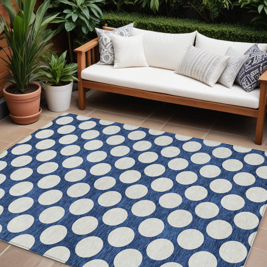 Tabselect Home Line 8' X 10' Navy Blue And Ivory Polka Dot Washable Indoor Outdoor Area Rug