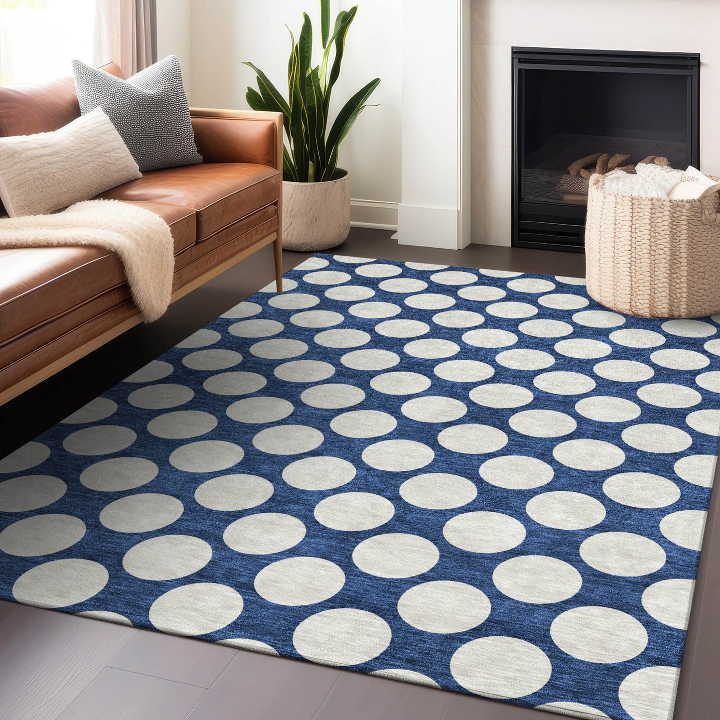 Tabselect Home Line 8' X 10' Navy Blue And Ivory Polka Dot Washable Indoor Outdoor Area Rug