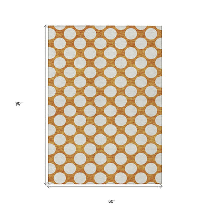 Tabselect Home Line 5' X 8' Orange And Ivory Polka Dot Washable Indoor Outdoor Area Rug