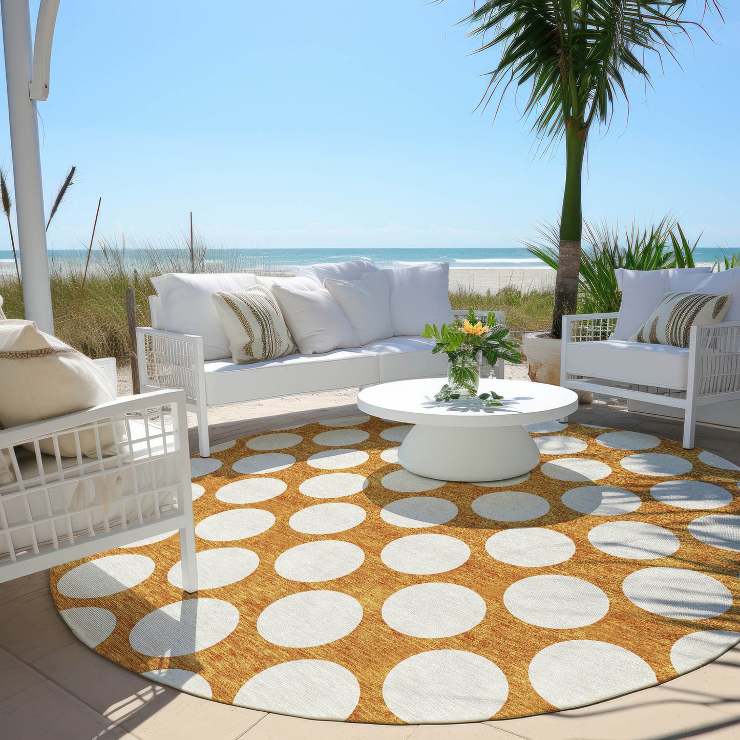 Tabselect Home Line 8' Orange And Ivory Round Polka Dot Washable Indoor Outdoor Area Rug