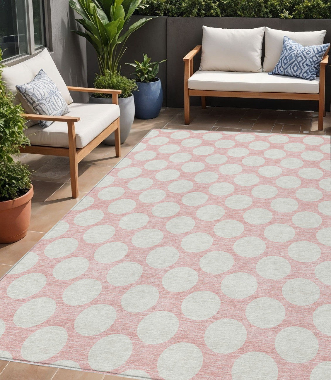 Tabselect Home Line 5' X 8' Pink And Gray Polka Dot Washable Indoor Outdoor Area Rug