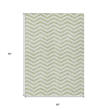 Tabselect Home Line 5' X 8' Artichoke Green And Ivory Chevron Washable Indoor Outdoor Area Rug
