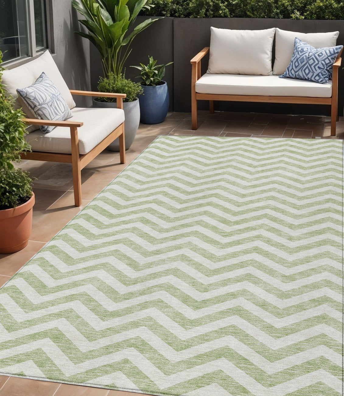Tabselect Home Line 5' X 8' Artichoke Green And Ivory Chevron Washable Indoor Outdoor Area Rug