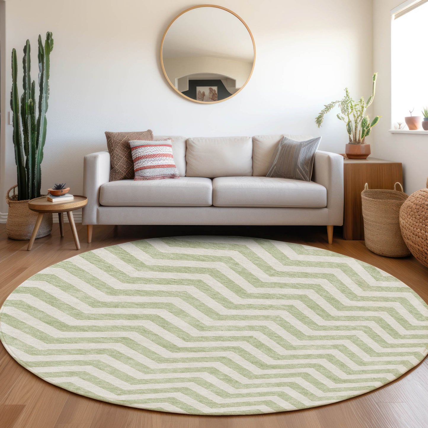 Tabselect Home Line 8' Artichoke Green And Ivory Round Chevron Washable Indoor Outdoor Area Rug