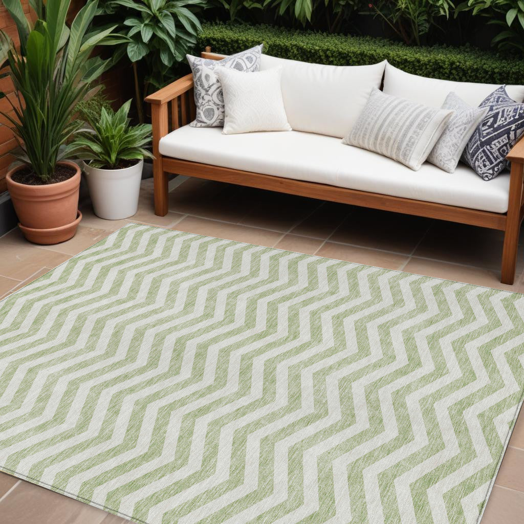 Tabselect Home Line 8' X 10' Artichoke Green And Ivory Chevron Washable Indoor Outdoor Area Rug