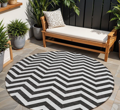 Tabselect Home Line 8' Black And Ivory Round Chevron Washable Indoor Outdoor Area Rug