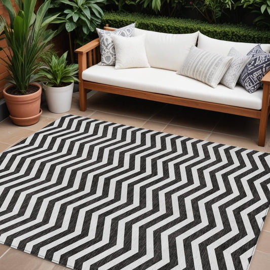 Tabselect Home Line 8' X 10' Black And Ivory Chevron Washable Indoor Outdoor Area Rug