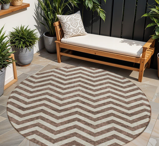 Tabselect Home Line 8' Brown And Beige Round Chevron Washable Indoor Outdoor Area Rug