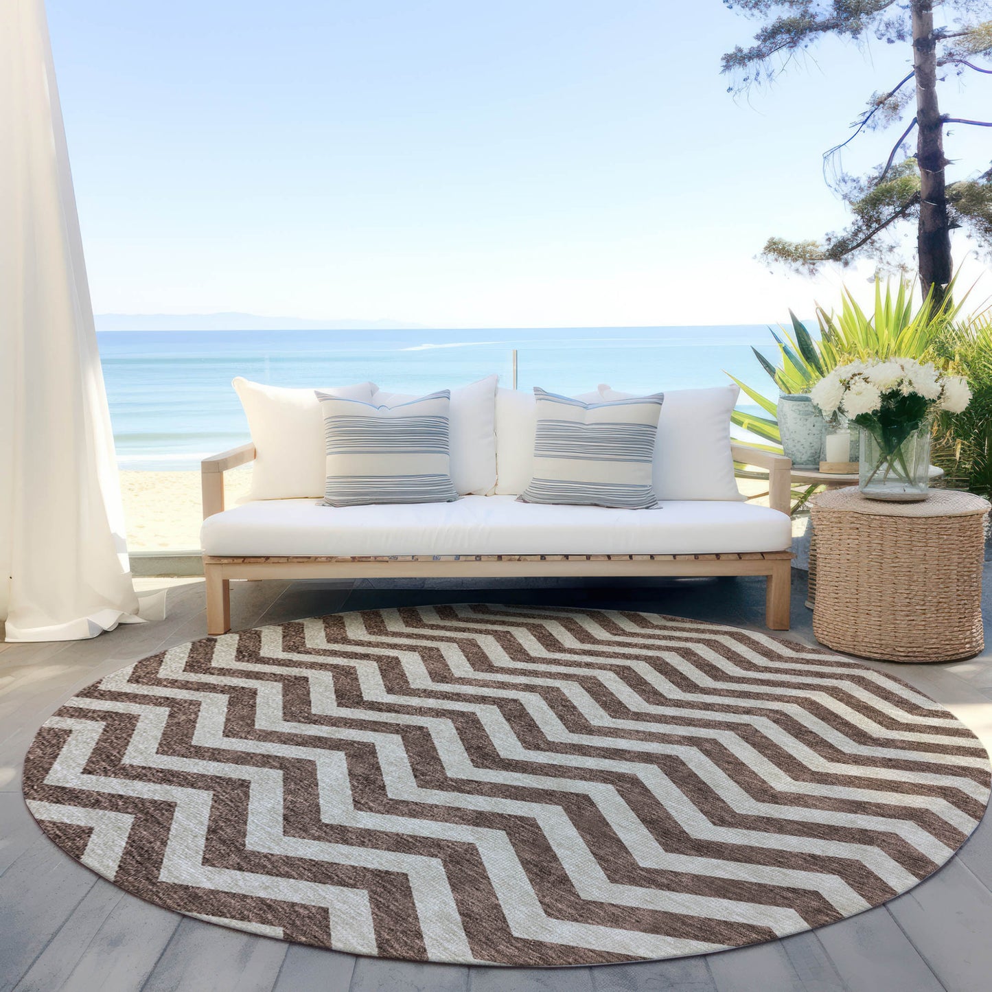 Tabselect Home Line 8' Brown And Beige Round Chevron Washable Indoor Outdoor Area Rug