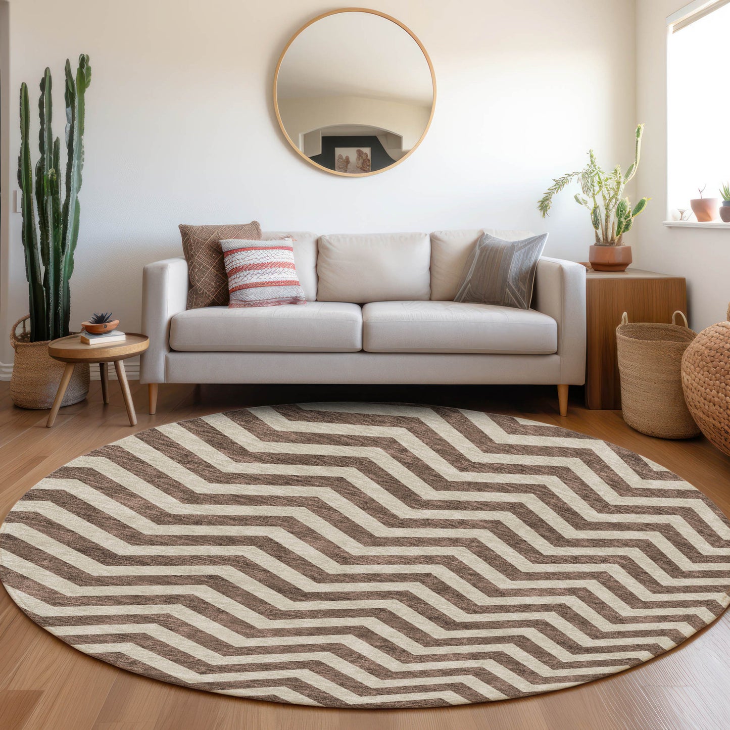 Tabselect Home Line 8' Brown And Beige Round Chevron Washable Indoor Outdoor Area Rug