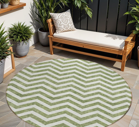 Tabselect Home Line 8' Green And Ivory Round Chevron Washable Indoor Outdoor Area Rug