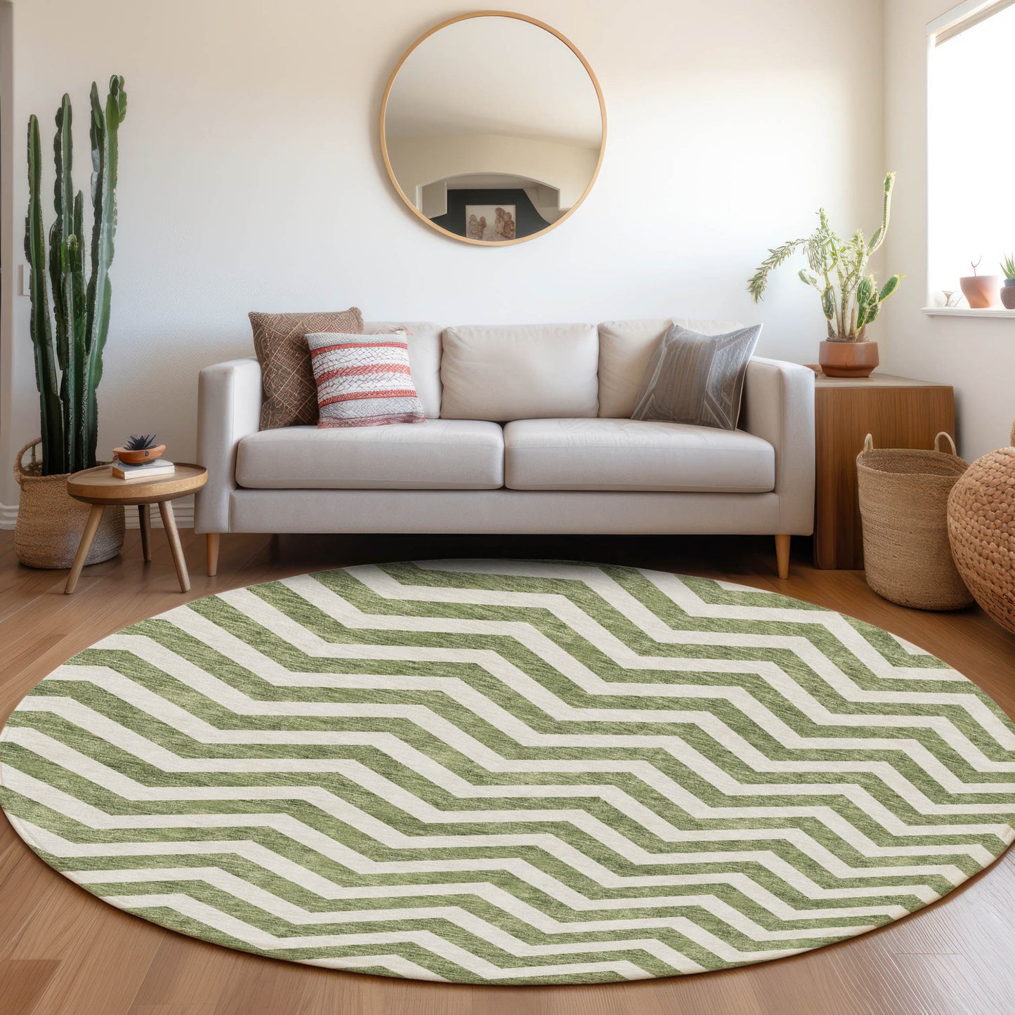 Tabselect Home Line 8' Green And Ivory Round Chevron Washable Indoor Outdoor Area Rug