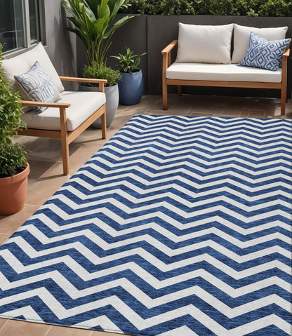 Tabselect Home Line 5' X 8' Navy Blue And Ivory Chevron Washable Indoor Outdoor Area Rug