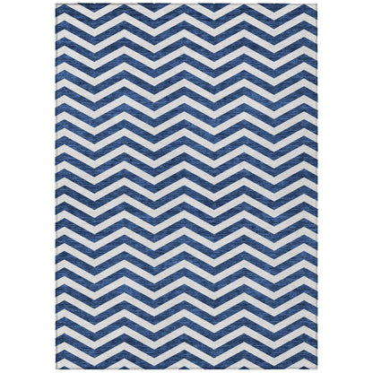 Tabselect Home Line 5' X 8' Navy Blue And Ivory Chevron Washable Indoor Outdoor Area Rug