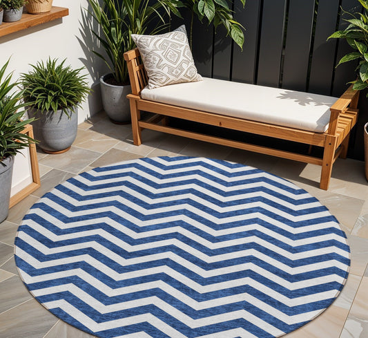 Tabselect Home Line 8' Navy Blue And Ivory Round Chevron Washable Indoor Outdoor Area Rug