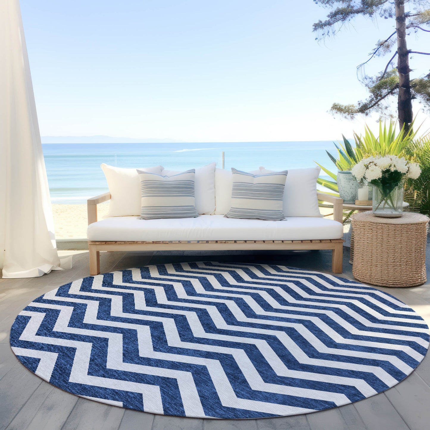 Tabselect Home Line 8' Navy Blue And Ivory Round Chevron Washable Indoor Outdoor Area Rug