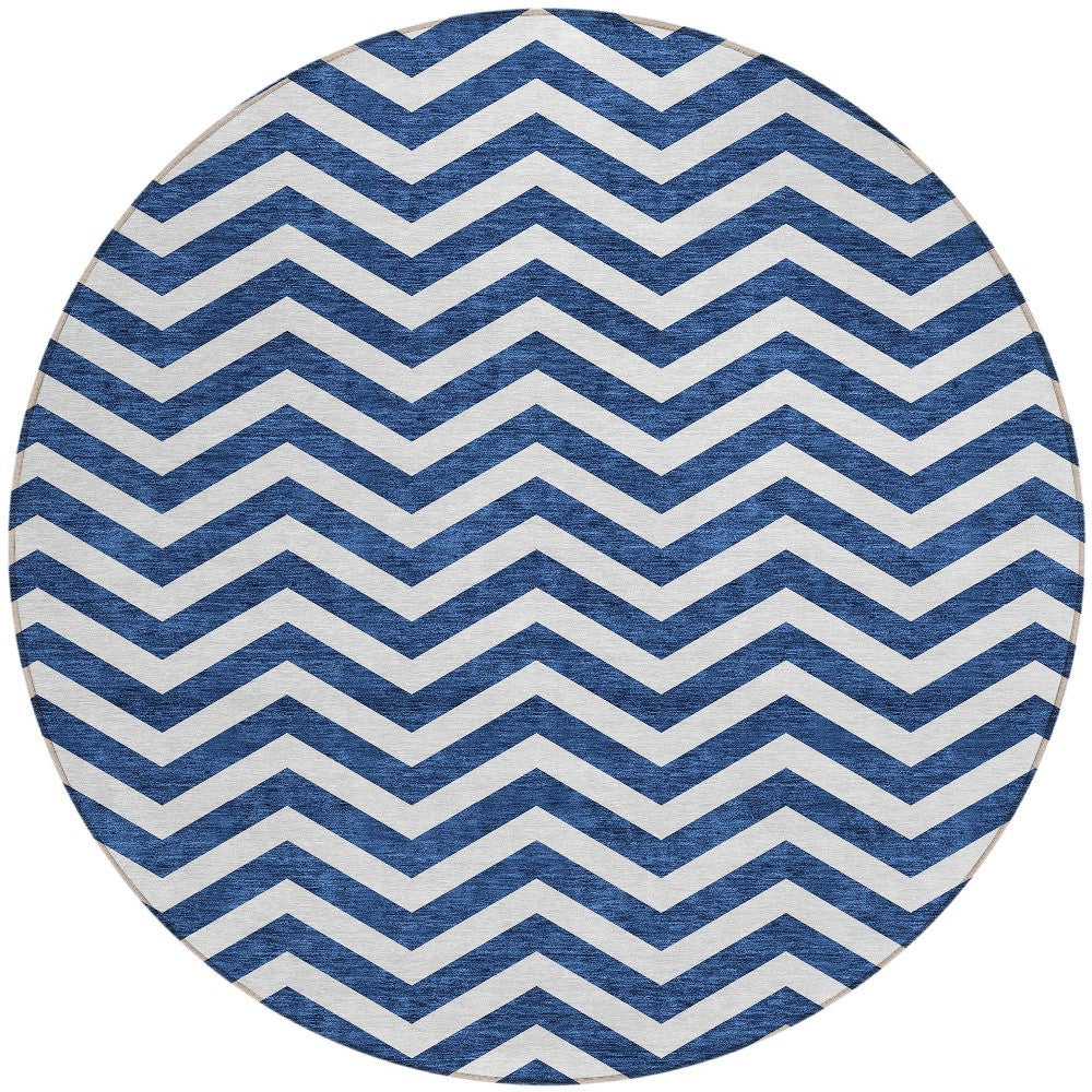 Tabselect Home Line 8' Navy Blue And Ivory Round Chevron Washable Indoor Outdoor Area Rug