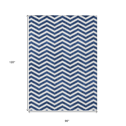 Tabselect Home Line 8' X 10' Navy Blue And Ivory Chevron Washable Indoor Outdoor Area Rug