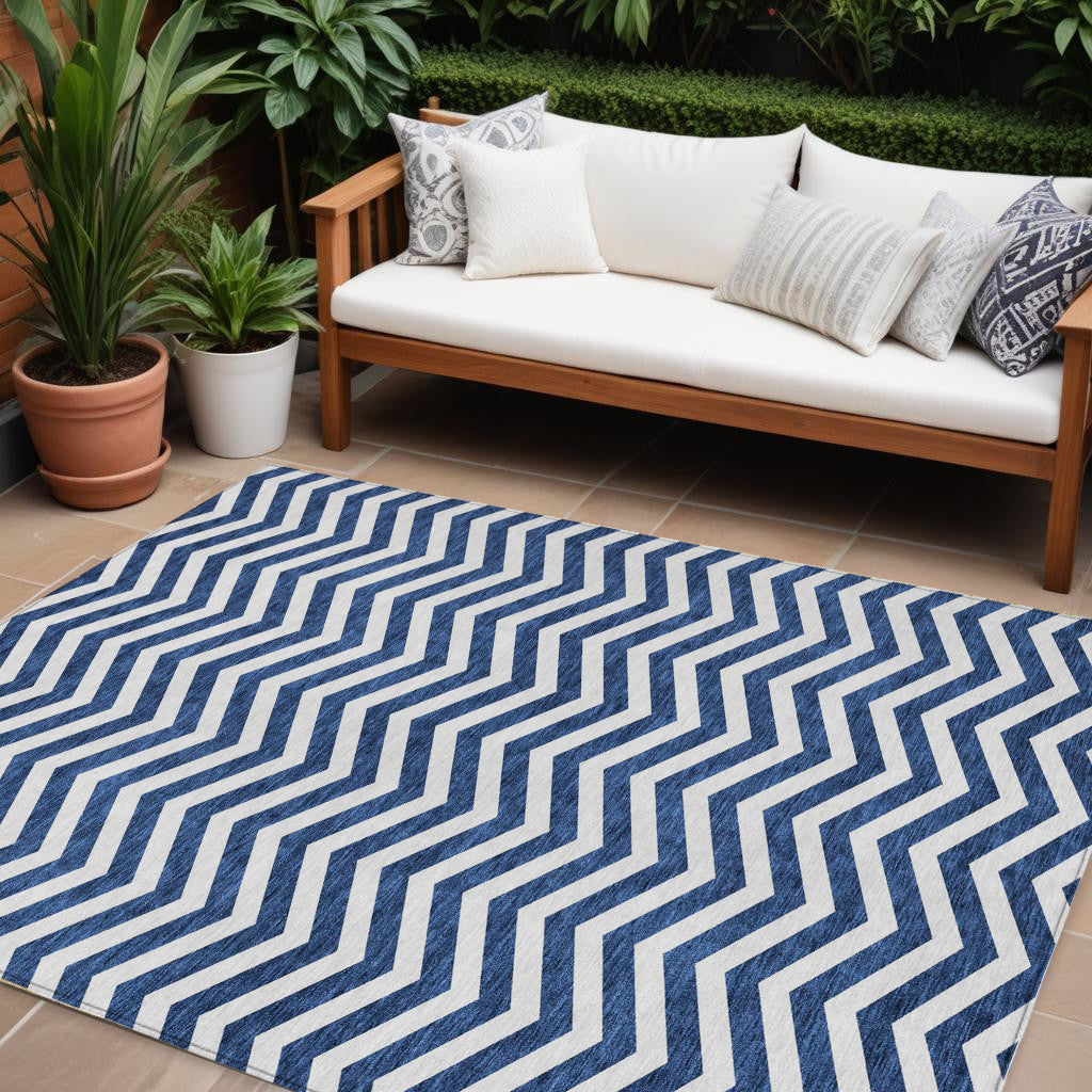 Tabselect Home Line 8' X 10' Navy Blue And Ivory Chevron Washable Indoor Outdoor Area Rug