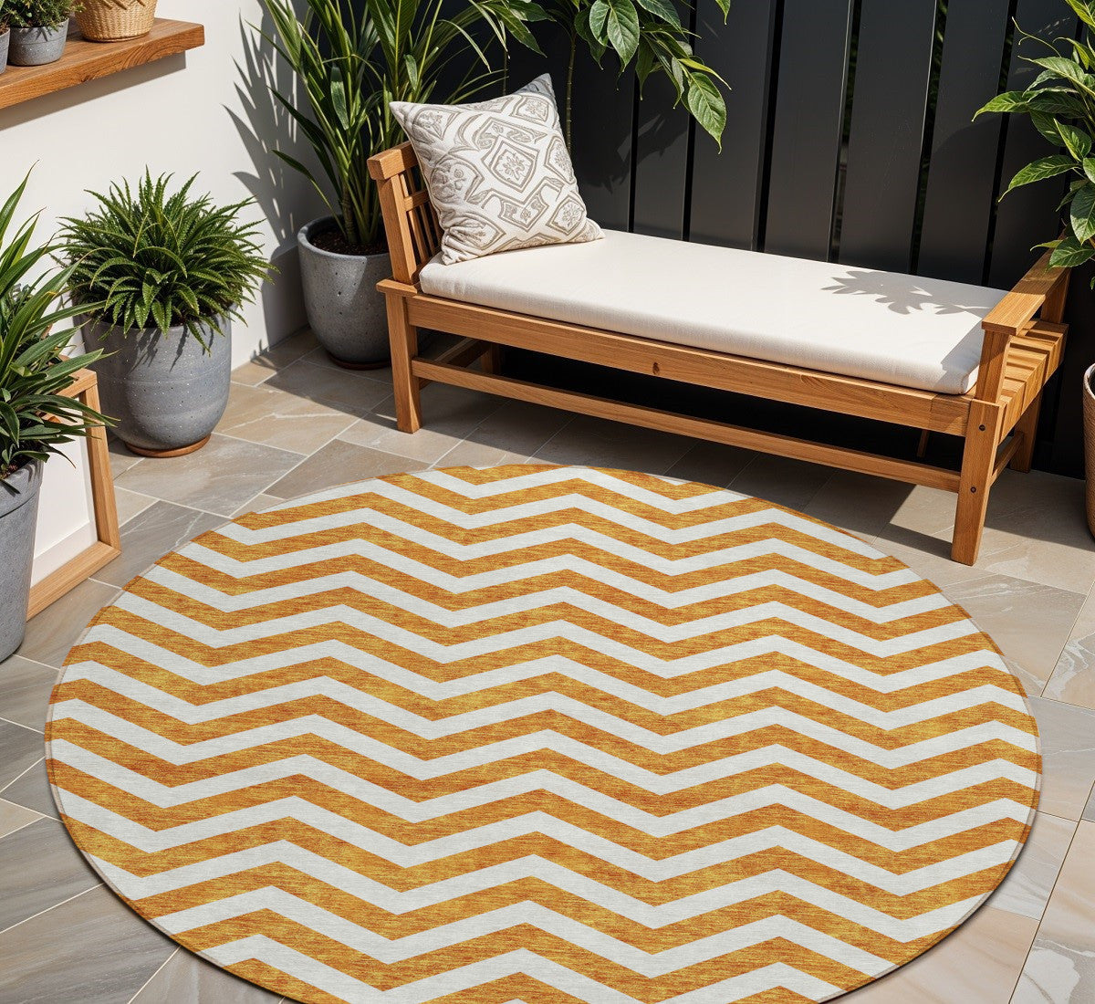 Tabselect Home Line 8' Orange And Beige Round Chevron Washable Indoor Outdoor Area Rug
