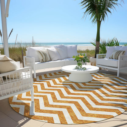 Tabselect Home Line 8' Orange And Beige Round Chevron Washable Indoor Outdoor Area Rug