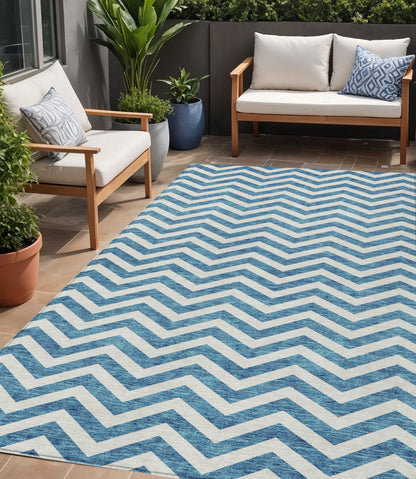 Tabselect Home Line 5' X 8' Teal Blue And Ivory Chevron Washable Indoor Outdoor Area Rug