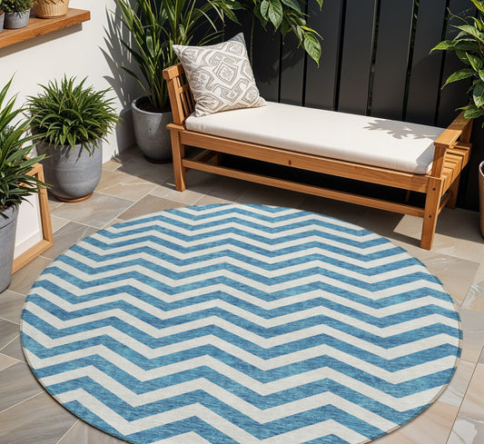 Tabselect Home Line 8' Teal Blue And Ivory Round Chevron Washable Indoor Outdoor Area Rug