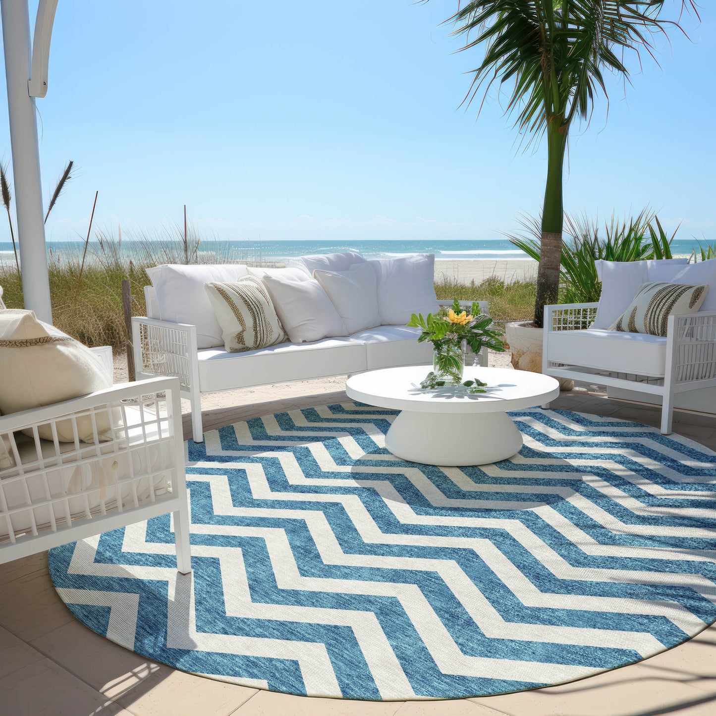 Tabselect Home Line 8' Teal Blue And Ivory Round Chevron Washable Indoor Outdoor Area Rug