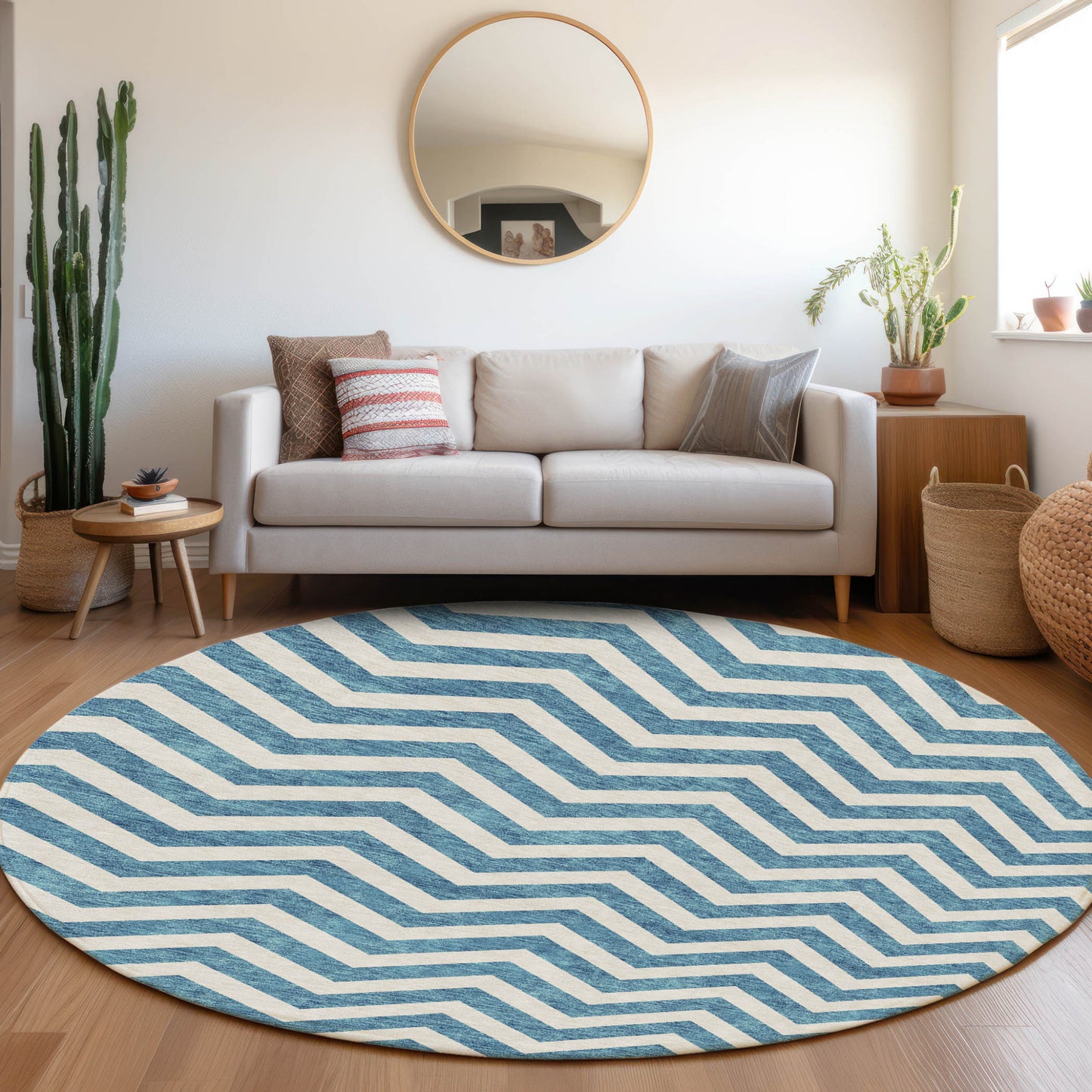 Tabselect Home Line 8' Teal Blue And Ivory Round Chevron Washable Indoor Outdoor Area Rug