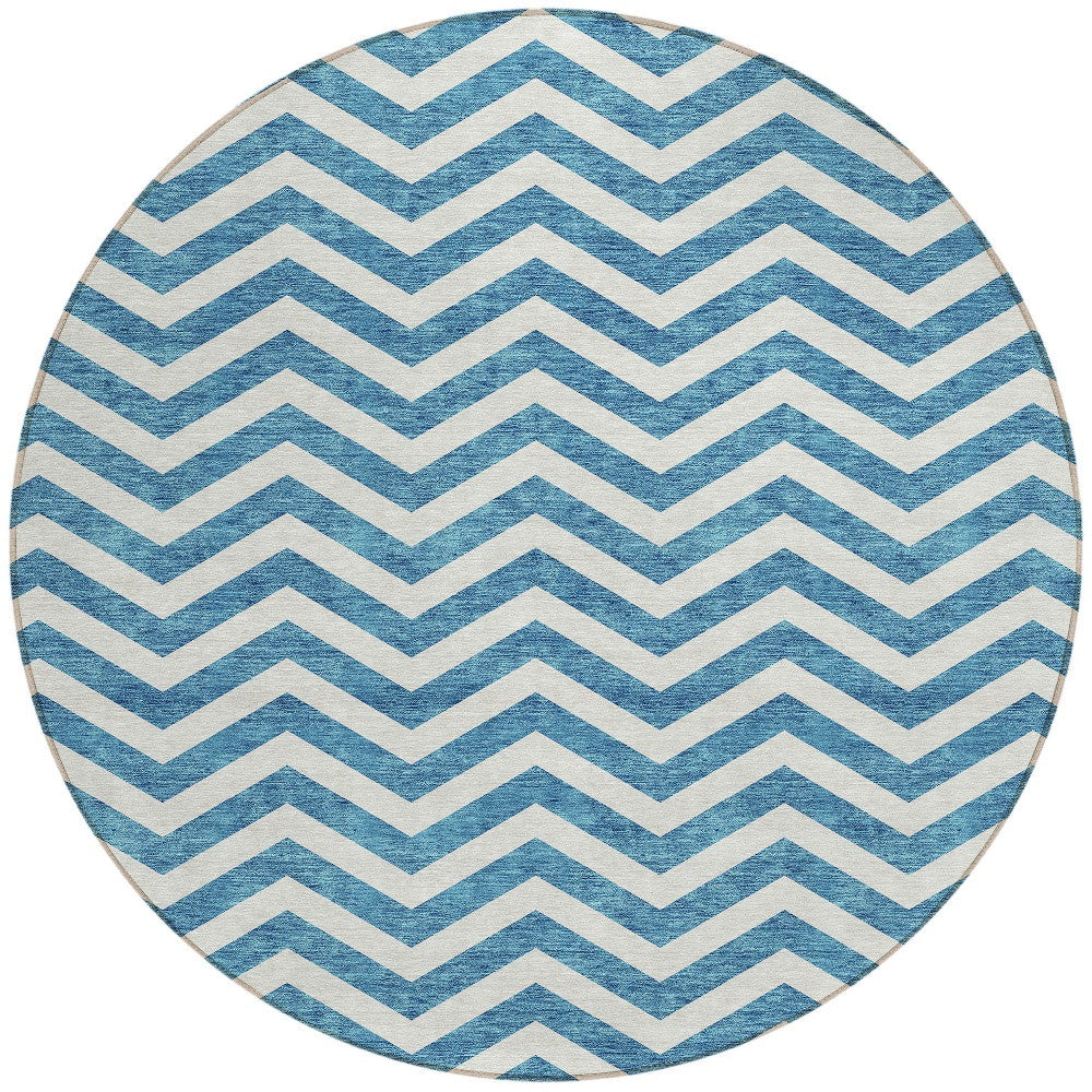 Tabselect Home Line 8' Teal Blue And Ivory Round Chevron Washable Indoor Outdoor Area Rug