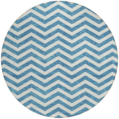 Tabselect Home Line 8' Teal Blue And Ivory Round Chevron Washable Indoor Outdoor Area Rug