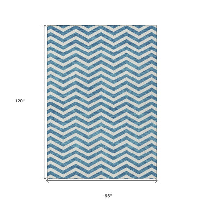 Tabselect Home Line 8' X 10' Teal Blue And Ivory Chevron Washable Indoor Outdoor Area Rug