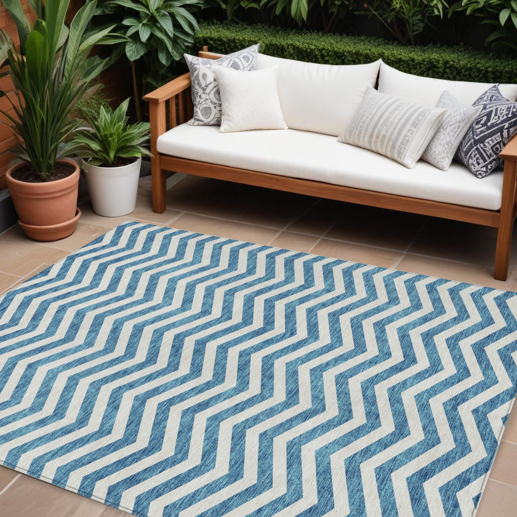 Tabselect Home Line 8' X 10' Teal Blue And Ivory Chevron Washable Indoor Outdoor Area Rug
